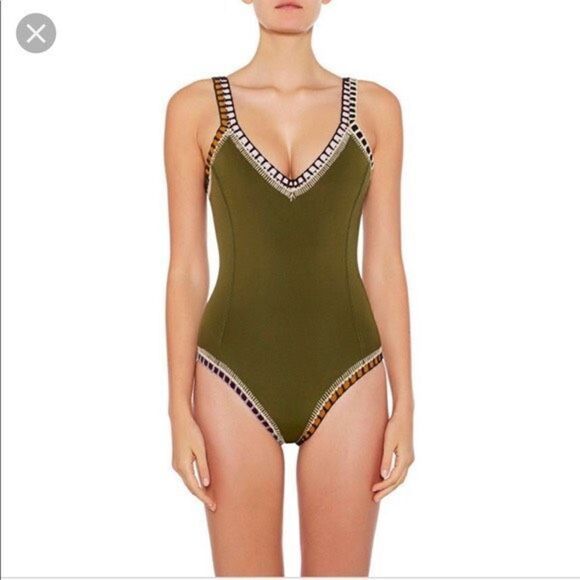 Kiini  Wren Swimsuit Scoop Back Maillot Crochet One Piece High Cut Olive Green S - Picture 3 of 16
